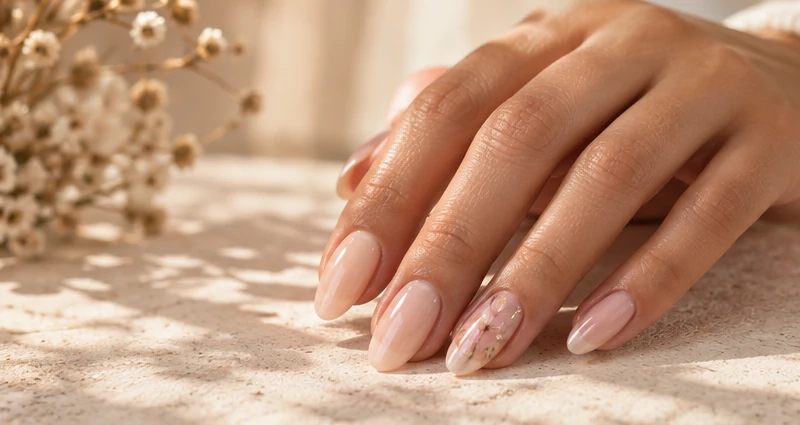 Long almond nails in a sheer nude gel with one floral accent nail, resting on a sunlit stone counter