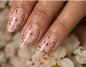 Almond nails with hand-painted pink flowers and fine gold details over a nude base