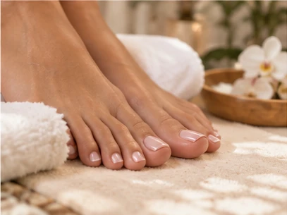 Freshly finished pedicure in a soft pink gel, with white towels and flowers in the background
