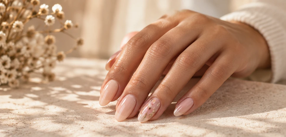 Close-up of a hand with long almond nails in a sheer nude gel and one floral accent nail, in warm sunlight