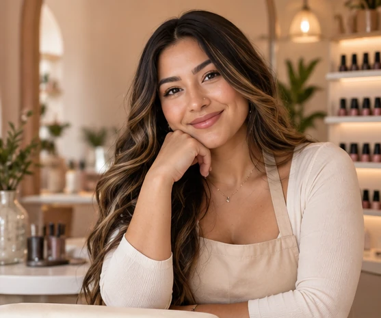 Maya, the nail technician behind Petal and Polish, smiling with her chin on her hand in her bright studio